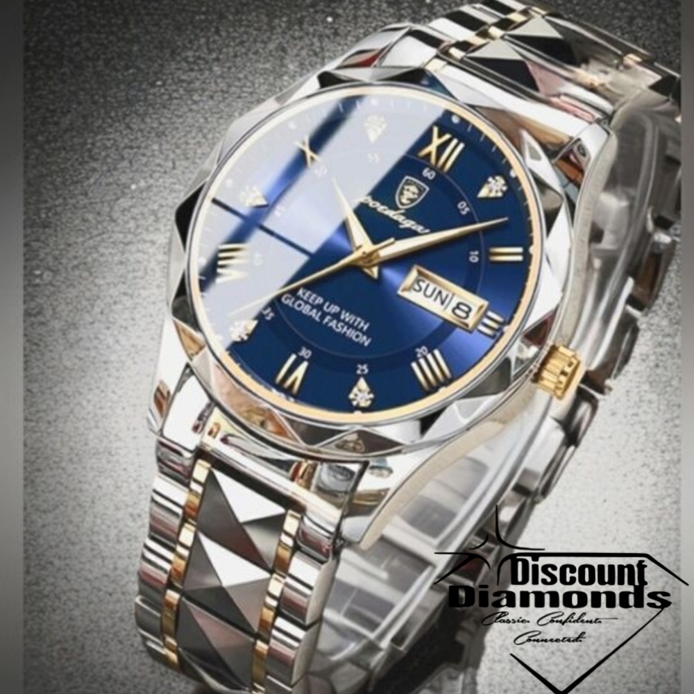Men's Blue and Gold Poedagar Quartz Watch with Stainless Steel Band